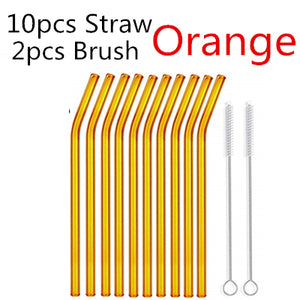 10PC Special Fine Curved Glass Straight,Bend  Drinking Glass Straws Reusable Eco-friendly With Cleaning Brush